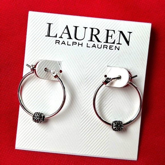 Brand New Lauren Ralph Lauren Small Slider Hoop Earrings Silver Tone Minimalist - Picture 2 of 12